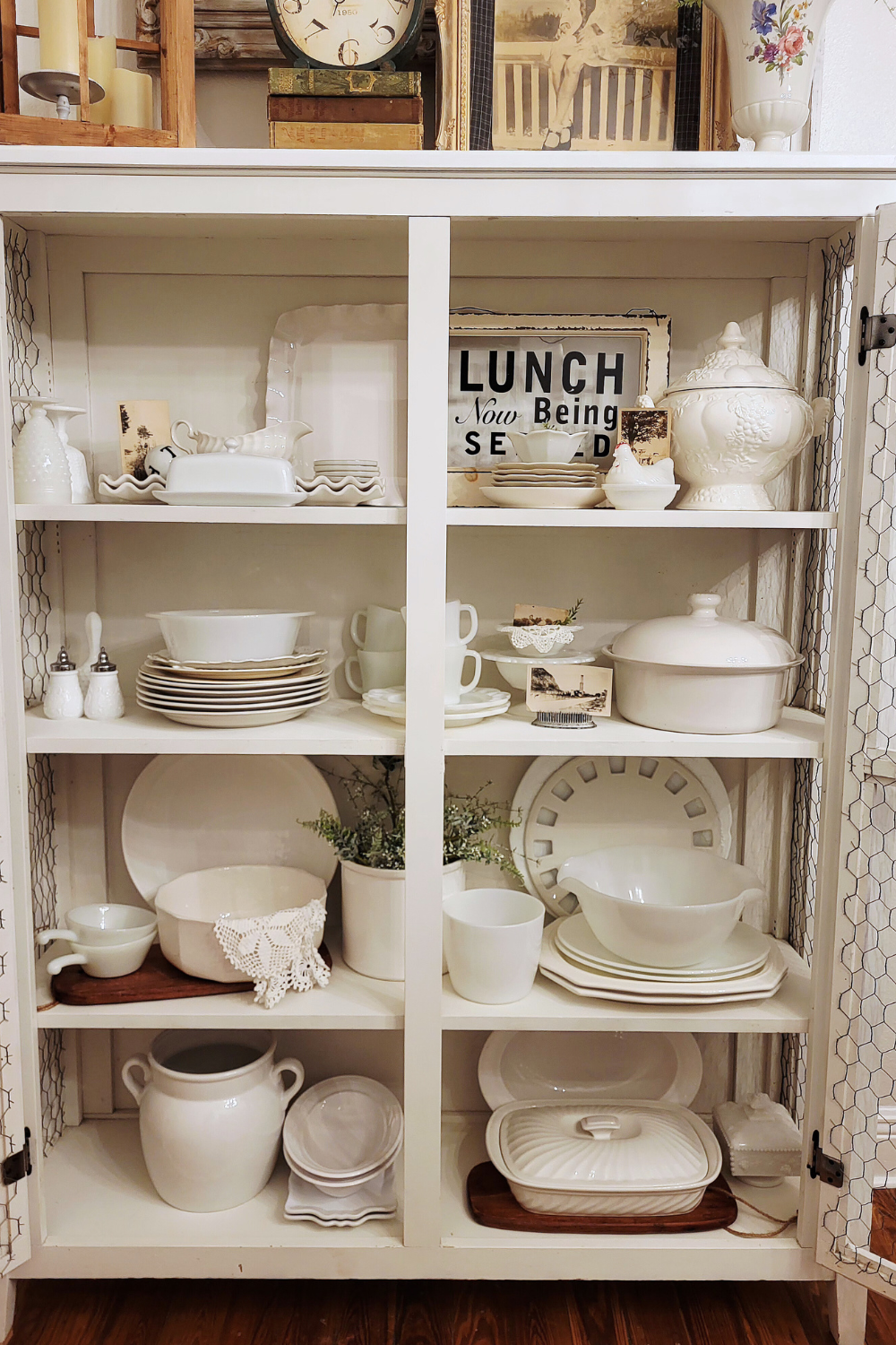 Ironstone dishes. Vintage dishes used as decor. DIY painted project. Thrifted dishes