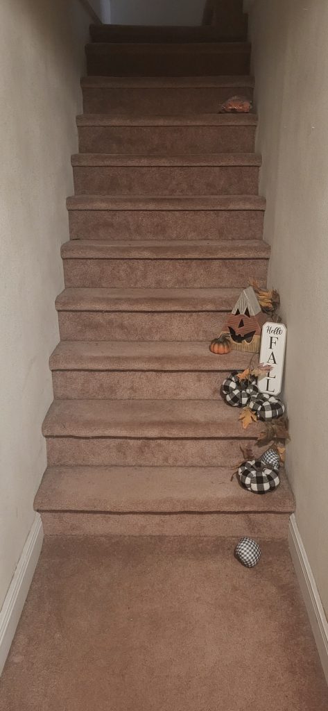 Carpeted stairs before renovation. Prep before painting & redecorating