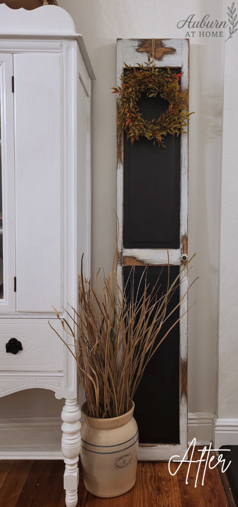 Paint project. Farmhouse shutter repurposed. DIY chalkboard. Entryway idea