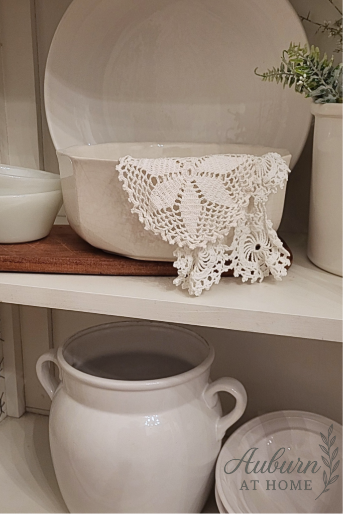 Ironstone dish decor. Vintage farmhouse cabinet. DIY paint reno