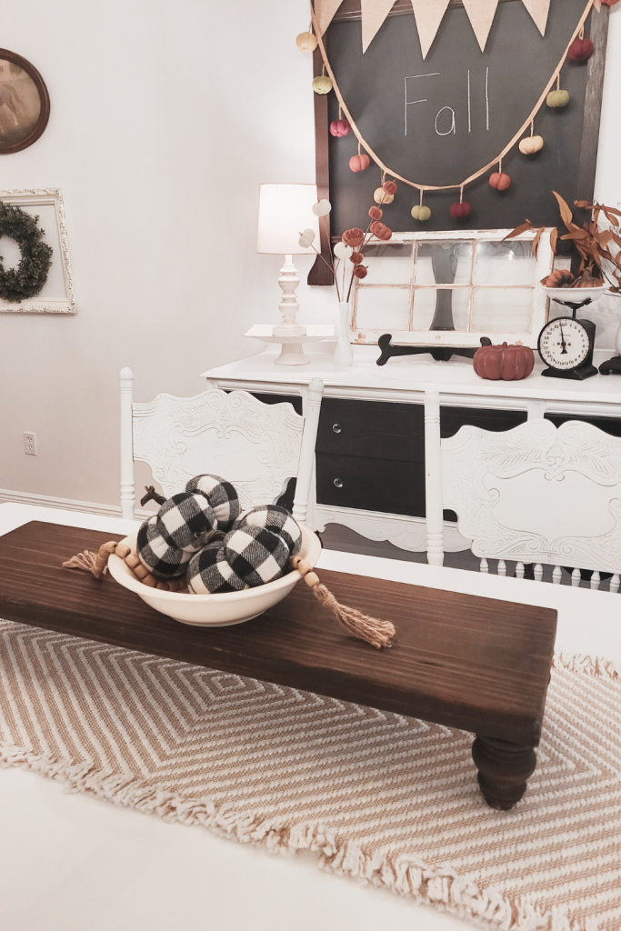 Pumpkin garland for fall. Tablescape using ironstone bowl. Farmhouse fall decorating