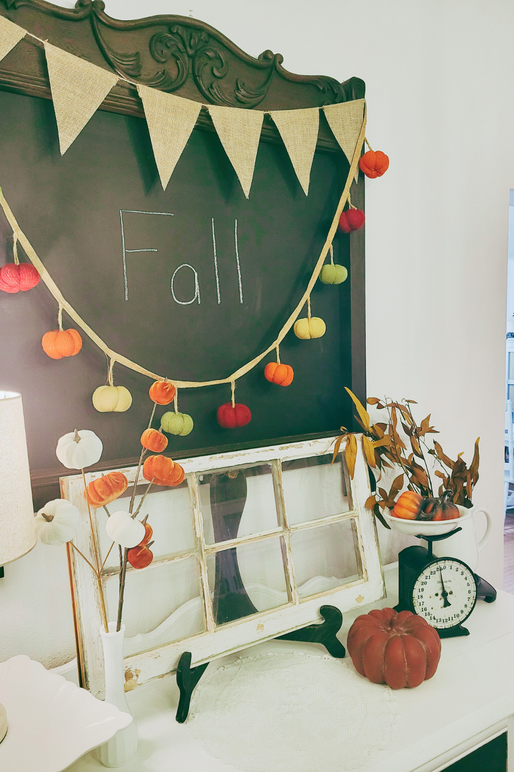 Fall pumpkin garland. Salvage window. Buffet decor for dining room. Using leaves as decorations