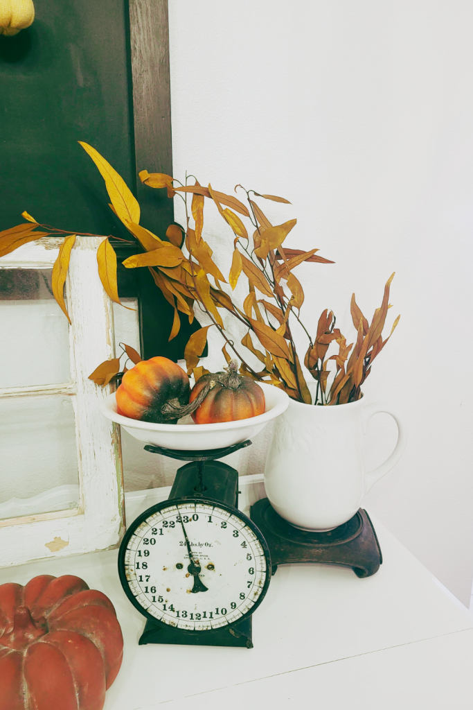 Ironstone pitcher w/fall motif. Old scale with pumpkin decor for fall