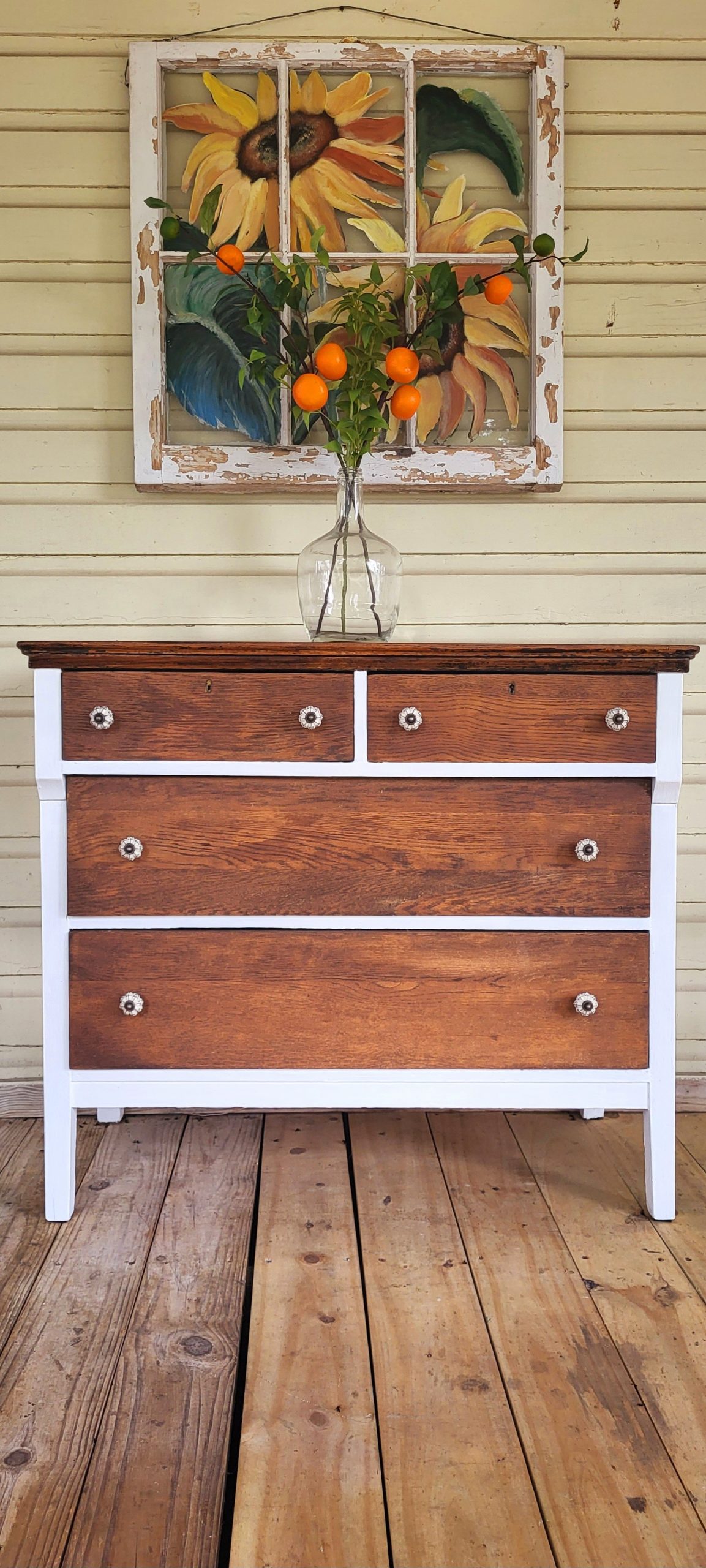 Vintage dresser makeover with paint and natural wood. Farmhouse furniture makeover