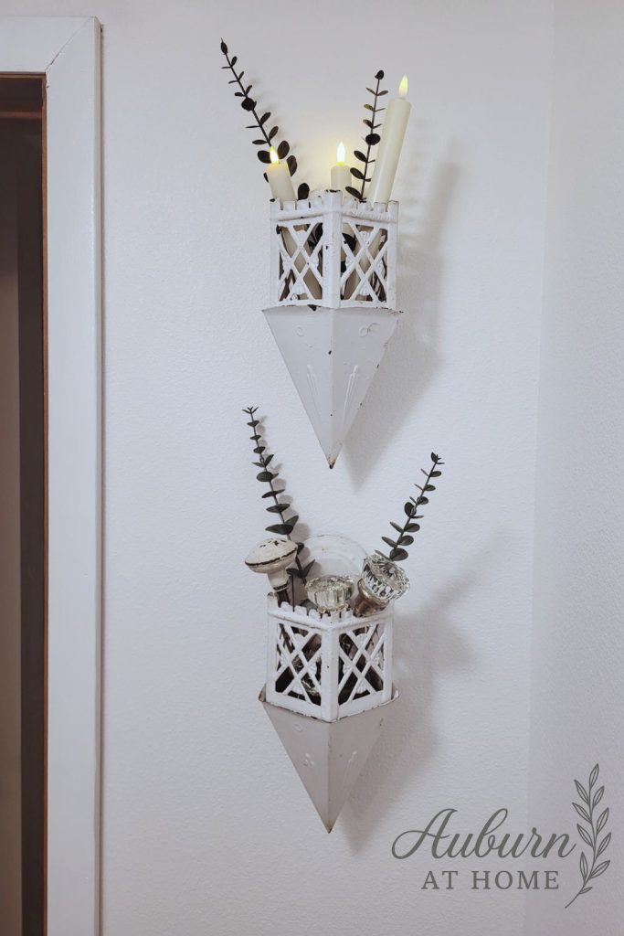 Salvaged light fixture makeover painted white for farmhouse decor.