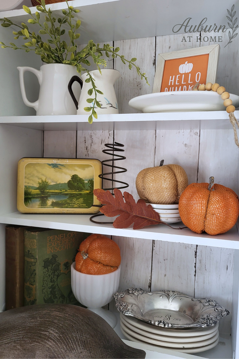 Shelf Makeover with farmhouse decor. Fall decor