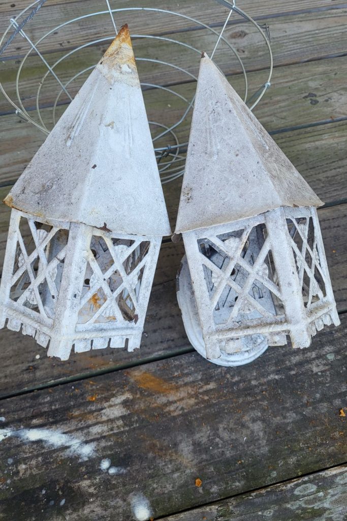 Salvaged light fixture makeover painted white for farmhouse decor.