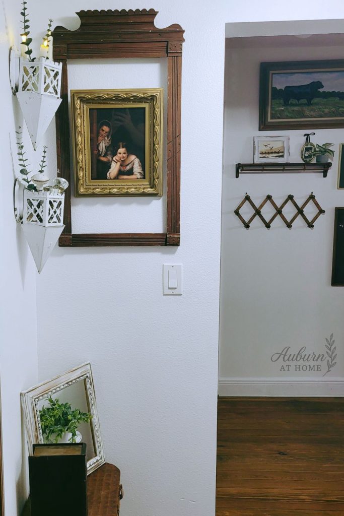 Salvaged light fixture makeover painted white for farmhouse decor.