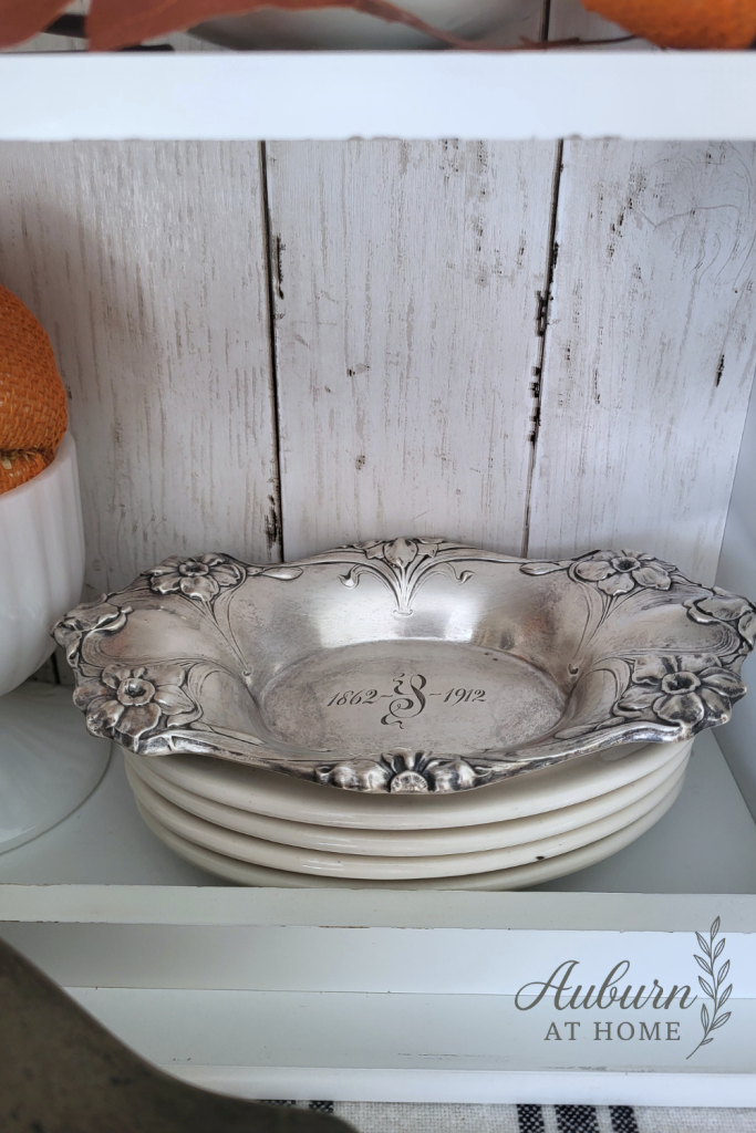 Vintage ironstone plates with silver thrifted trinket dish
