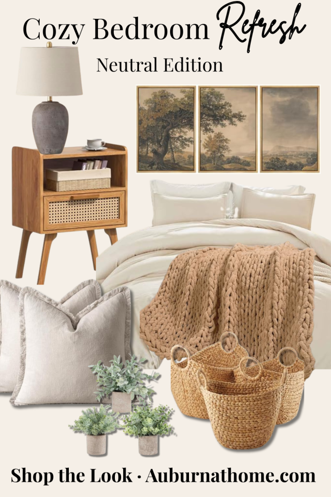 Cozy neutral bedroom collage featuring a wood nightstand, earth-tone lamp, framed wall art, chunky knit throw blanket, beige bedding, throw pillows, woven baskets, and small potted plants.
