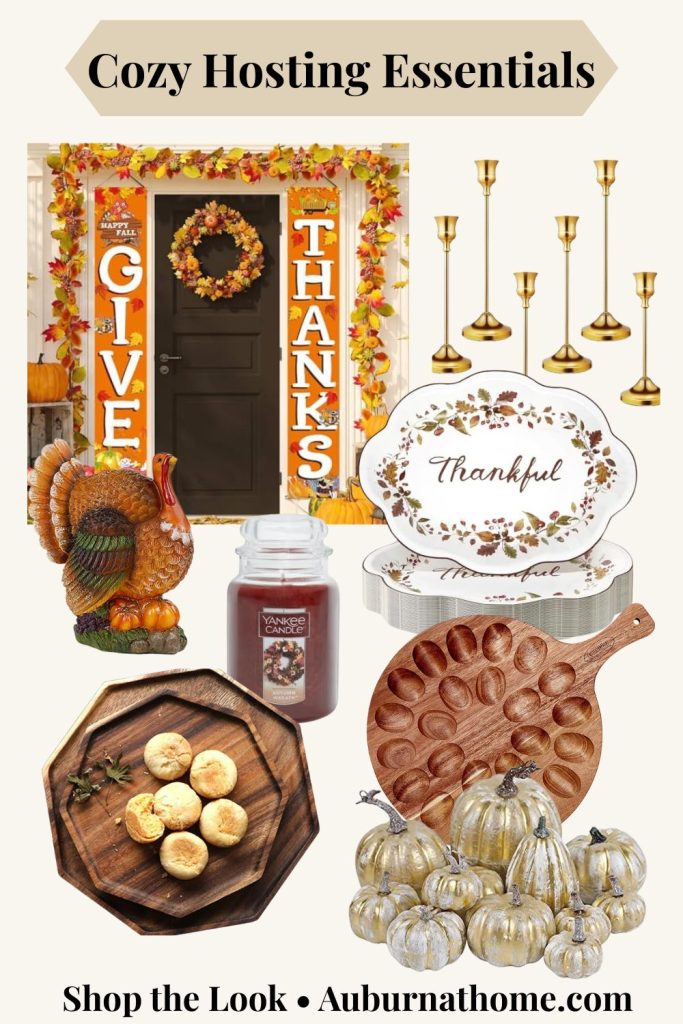 Thanksgiving hosting essentials collage featuring fall porch décor, turkey figurine, gold candle holders, Thankful serving platter, acacia wood deviled egg tray, biscuit board, scented candle, and neutral pumpkins styled for cozy holiday entertaining
