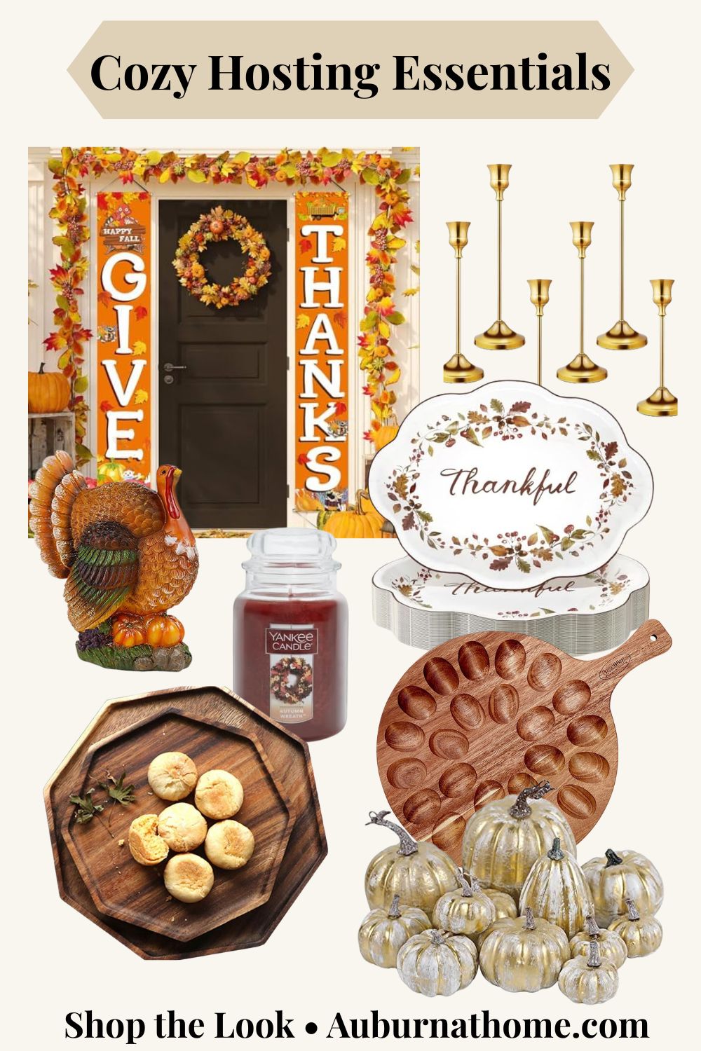 Thanksgiving hosting essentials collage featuring fall porch décor, turkey figurine, gold candle holders, Thankful serving platter, acacia wood deviled egg tray, biscuit board, scented candle, and neutral pumpkins styled for cozy holiday entertaining