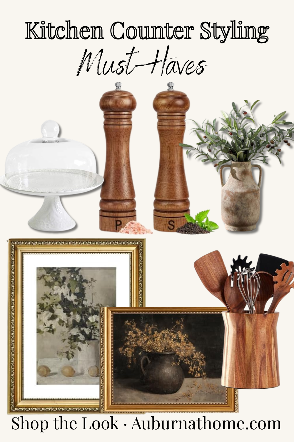 Collage of cozy kitchen counter styling essentials including wooden salt and pepper grinders, a glass cake stand, a vintage-style jug with greenery, framed artwork, wooden cooking utensils in a holder, and neutral kitchen accents arranged on a cream background.