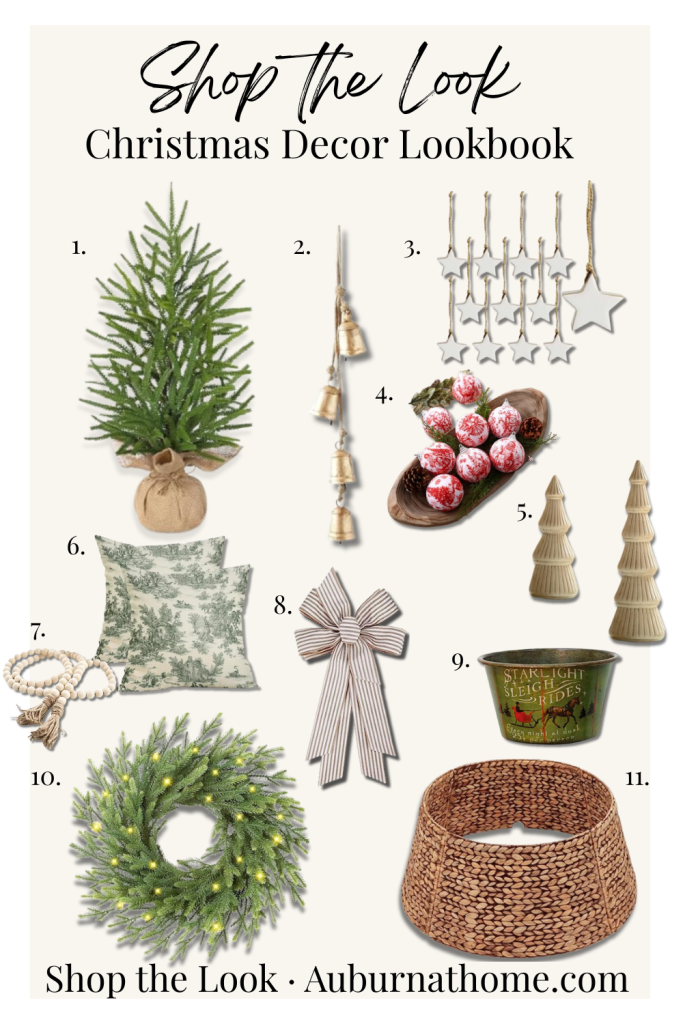 Christmas decor lookbook collage featuring a decorated Christmas tree, green and neutral ornaments, wooden bead garland, holiday pillows, ribbon spools, candles, gold bells, greenery wreath, tree basket collar, and seasonal accessories arranged on a cream background with the text ‘Shop the Look – Christmas Decor Lookbook.’