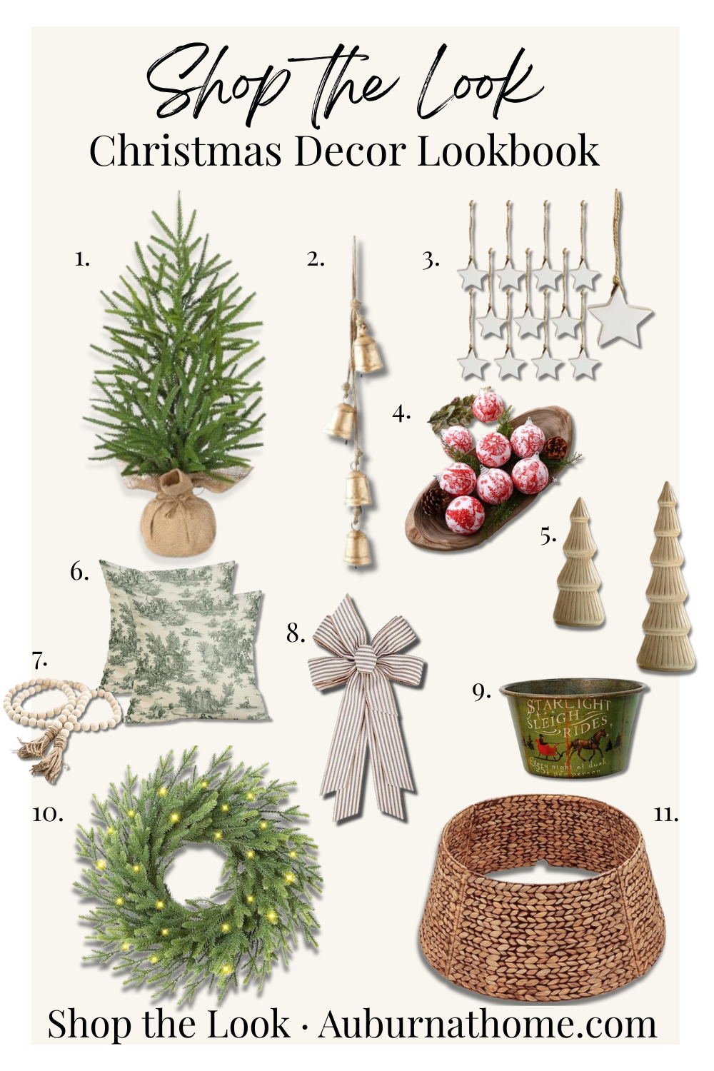 Christmas decor lookbook collage featuring a decorated Christmas tree, green and neutral ornaments, wooden bead garland, holiday pillows, ribbon spools, candles, gold bells, greenery wreath, tree basket collar, and seasonal accessories arranged on a cream background with the text ‘Shop the Look – Christmas Decor Lookbook.’