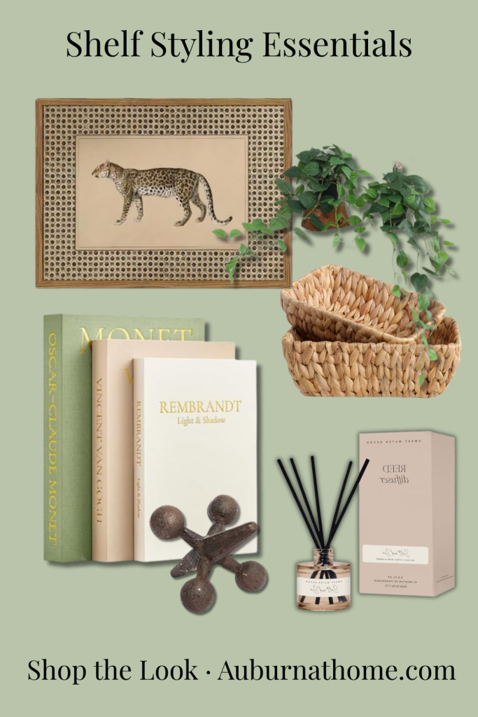 Curated collage of neutral shelf styling essentials including vintage art, woven basket, greenery, decorative books, reed diffuser, and small accent decor arranged on a soft green background. Cozy neutral home decor items for styling shelves.