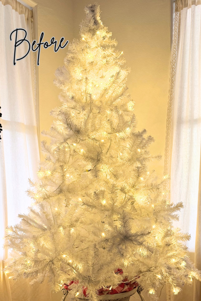 Sparse white Christmas tree before adding Poly-Fil filler to make branches look fuller.