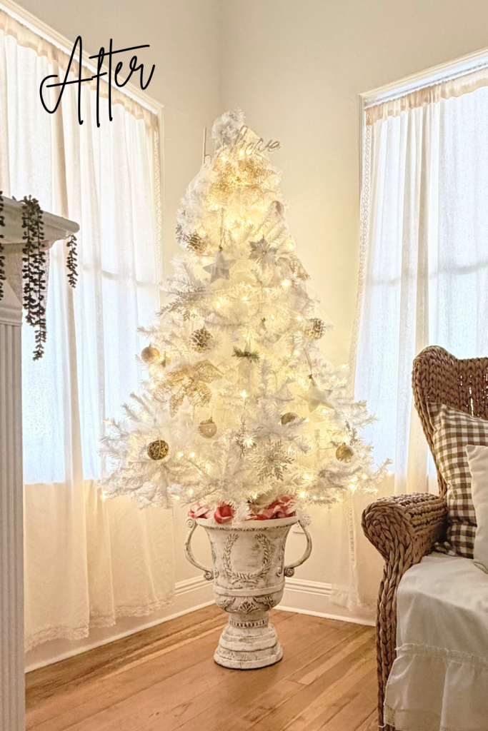 White Christmas tree decorated with gold and silver ornaments, fluffed using Poly-Fil for a fuller and more elegant holiday look.