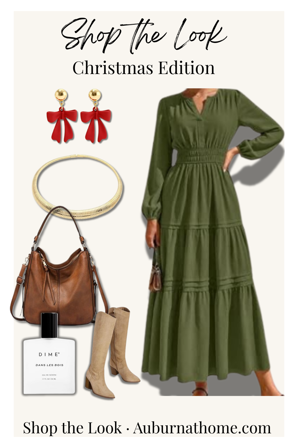 Christmas Edition Shop the Look collage featuring a green tiered long-sleeve dress, red bow earrings, gold necklace, brown handbag, tan knee-high boots, and Dime perfume.