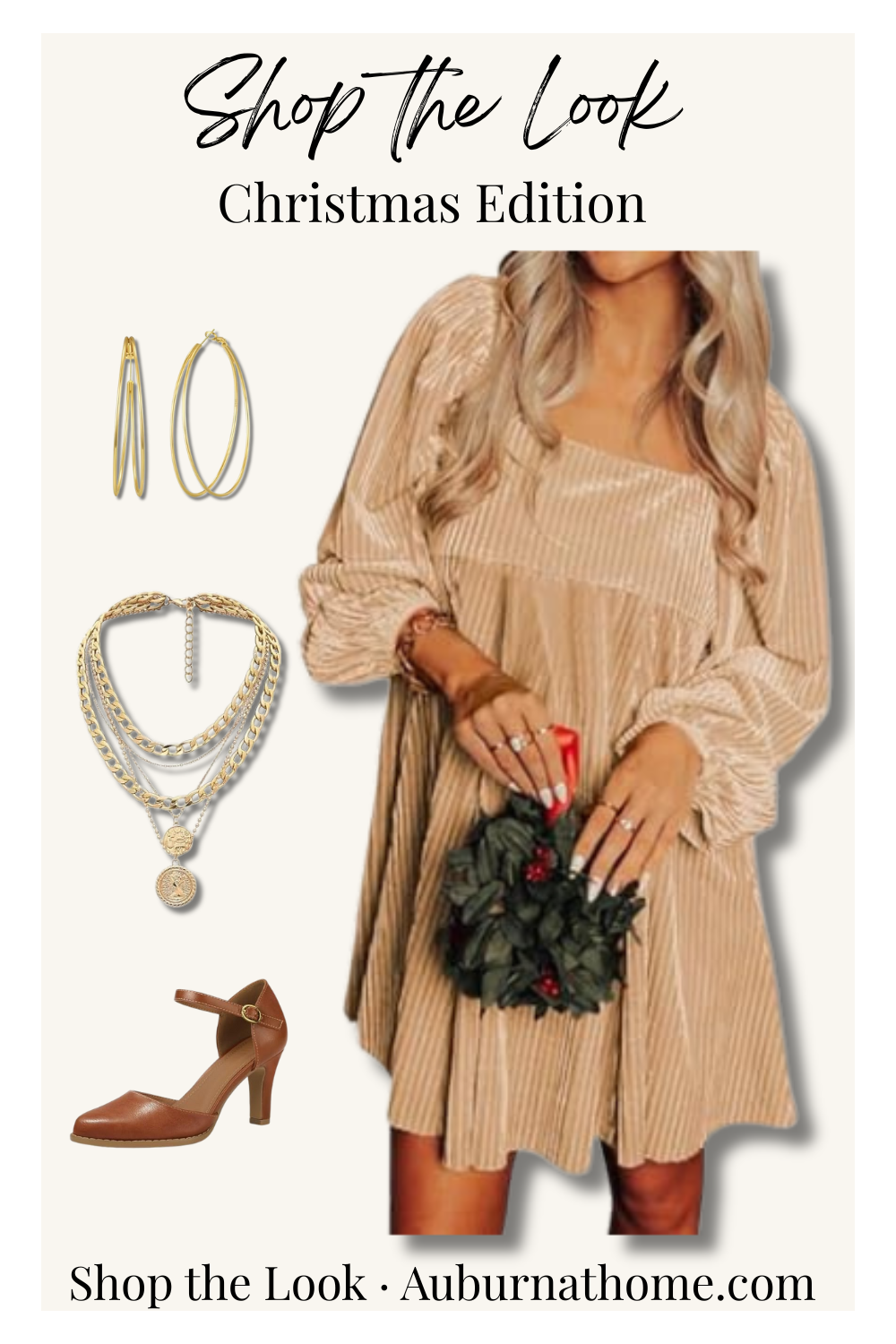 Christmas Edition Shop the Look collage featuring a soft neutral velvet dress, gold layered necklaces, gold earrings, brown heels, and holiday greenery.