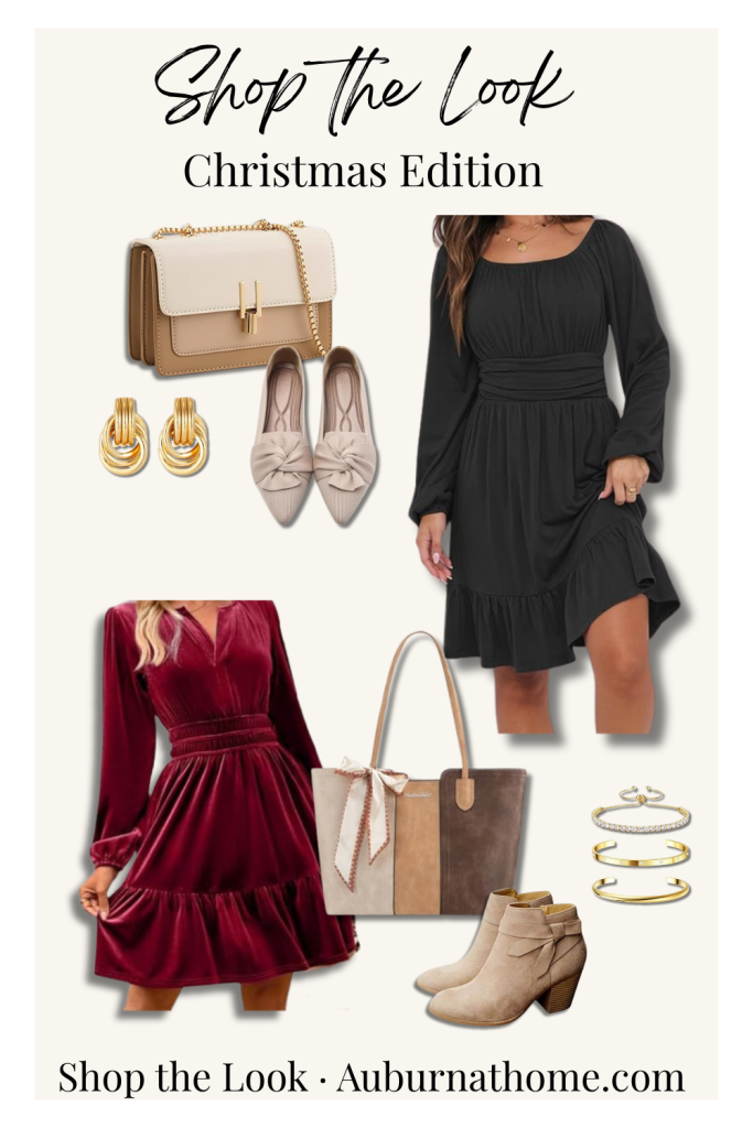 Shop the Look Christmas Edition collage featuring a black long-sleeve dress, velvet red dress, neutral handbags, gold earrings, stacked rings, tan ankle boots, and slip-on flats.