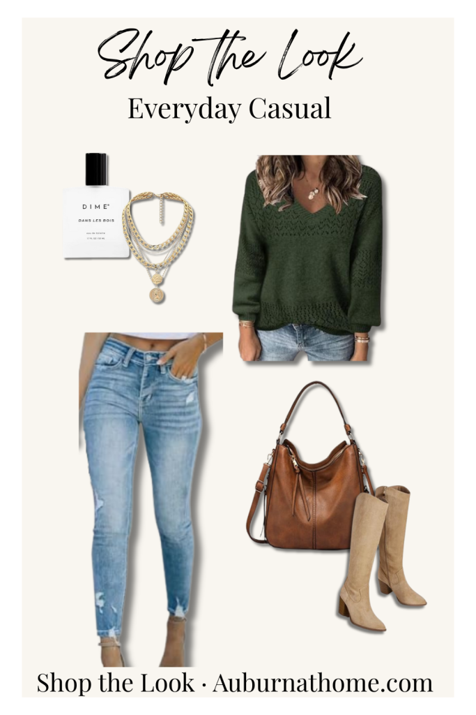 Everyday casual outfit collage featuring a deep green sweater, layered gold necklaces, straight-leg jeans, neutral hobo bag, tan suede knee-high boots, and a perfume bottle on a light beige background with ‘Shop the Look’ text.