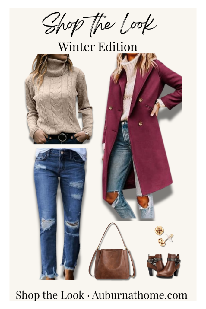 Winter Edition outfit collage featuring a beige turtleneck sweater, plum double-breasted coat, distressed blue jeans, brown ankle boots, gold earrings, beige crossbody bag, and winter accessories. Neutral winter outfit.