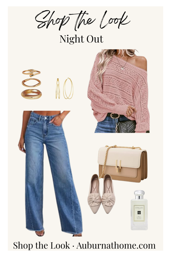Night Out outfit collage featuring a pink off-shoulder sweater, wide-leg jeans, nude bow flats, neutral shoulder bag, gold earrings, gold rings, and Jo Malone perfume — AuburnAtHome.com