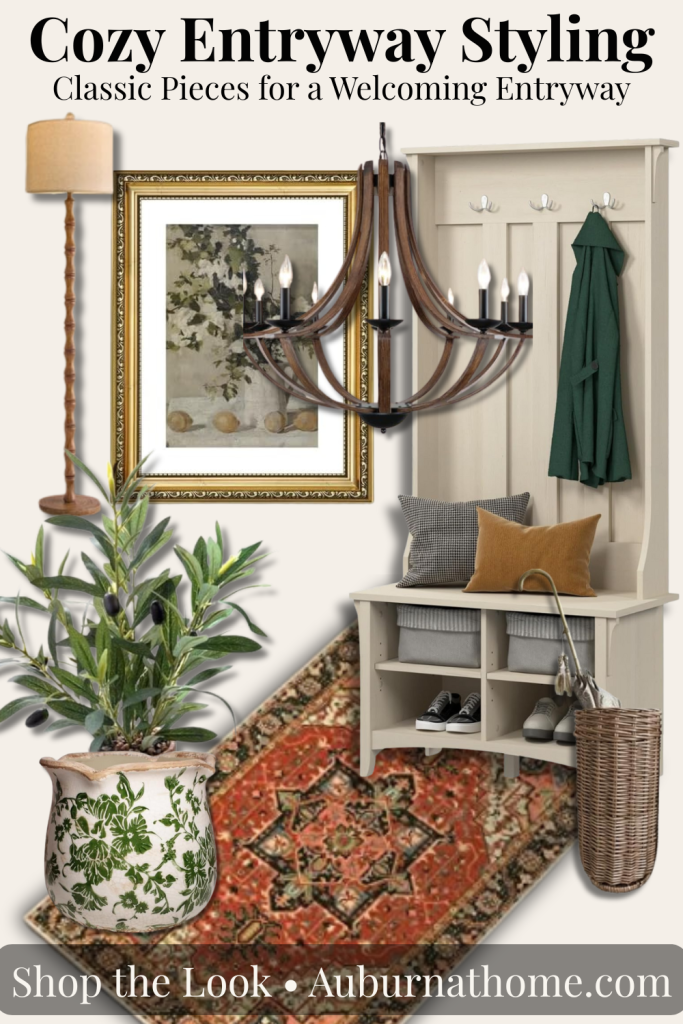 Cozy entryway styling collage featuring a hall tree, chandelier, rug, floor lamp, umbrella stand, framed art, and potted plant for home decor inspiration.
