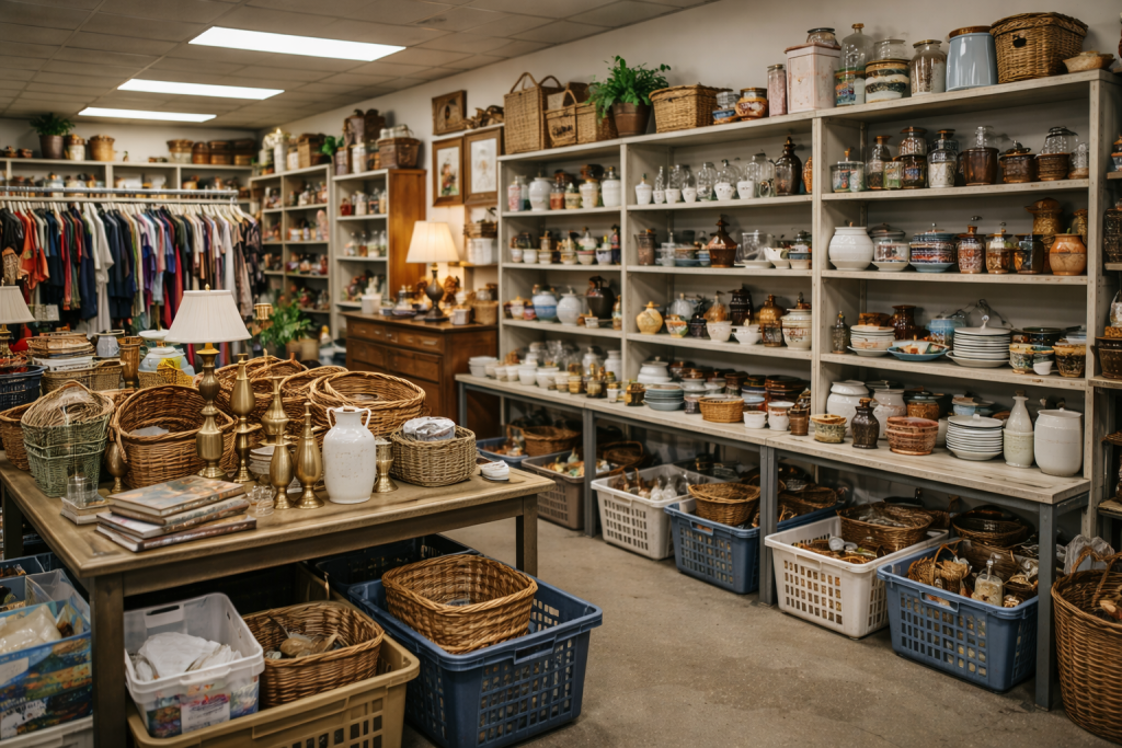 Interior of a busy thrift store filled with shelves of secondhand home decor, baskets, ceramics, lamps, and clothing racks.