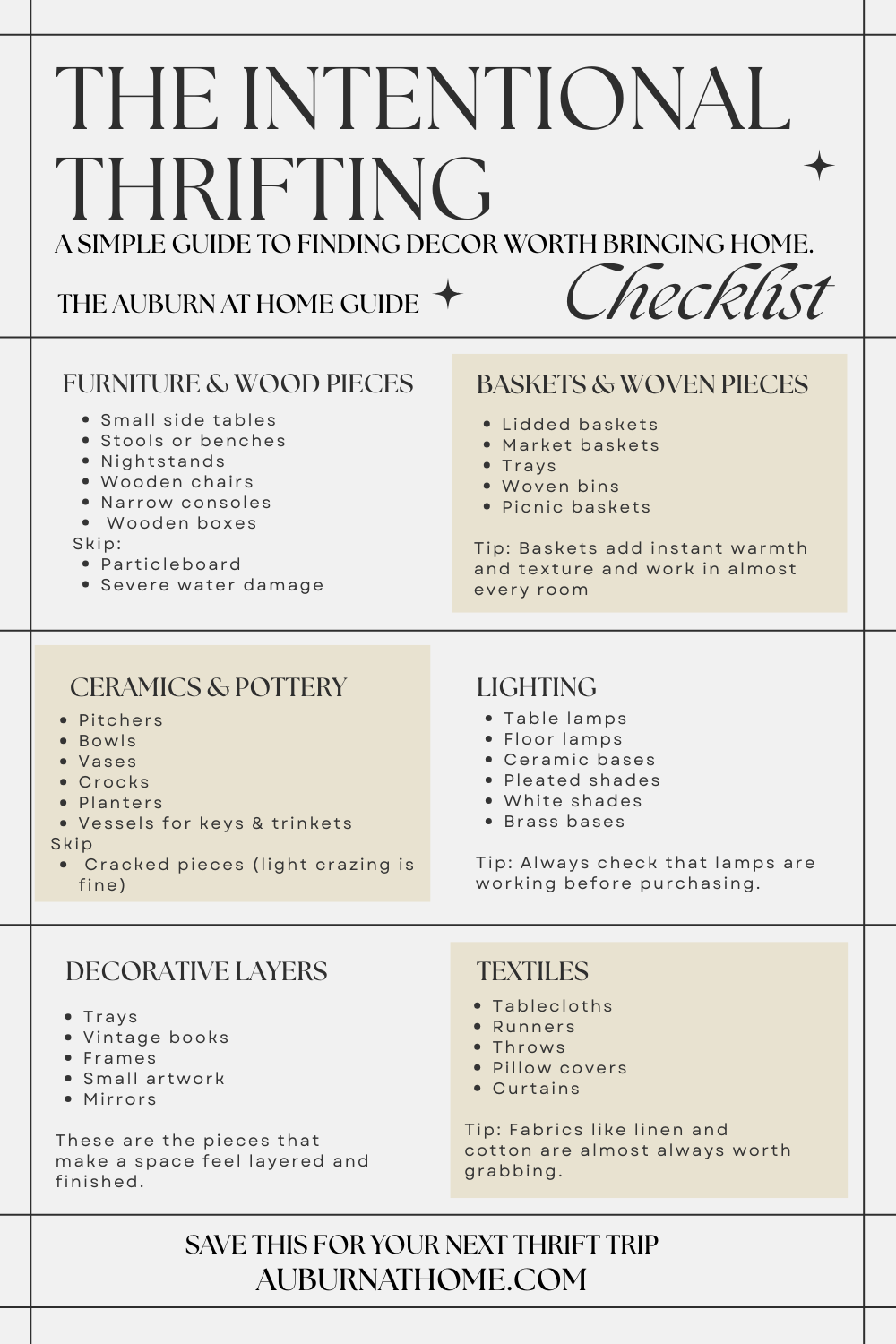 Intentional thrifting checklist printable for finding quality home decor at thrift stores.