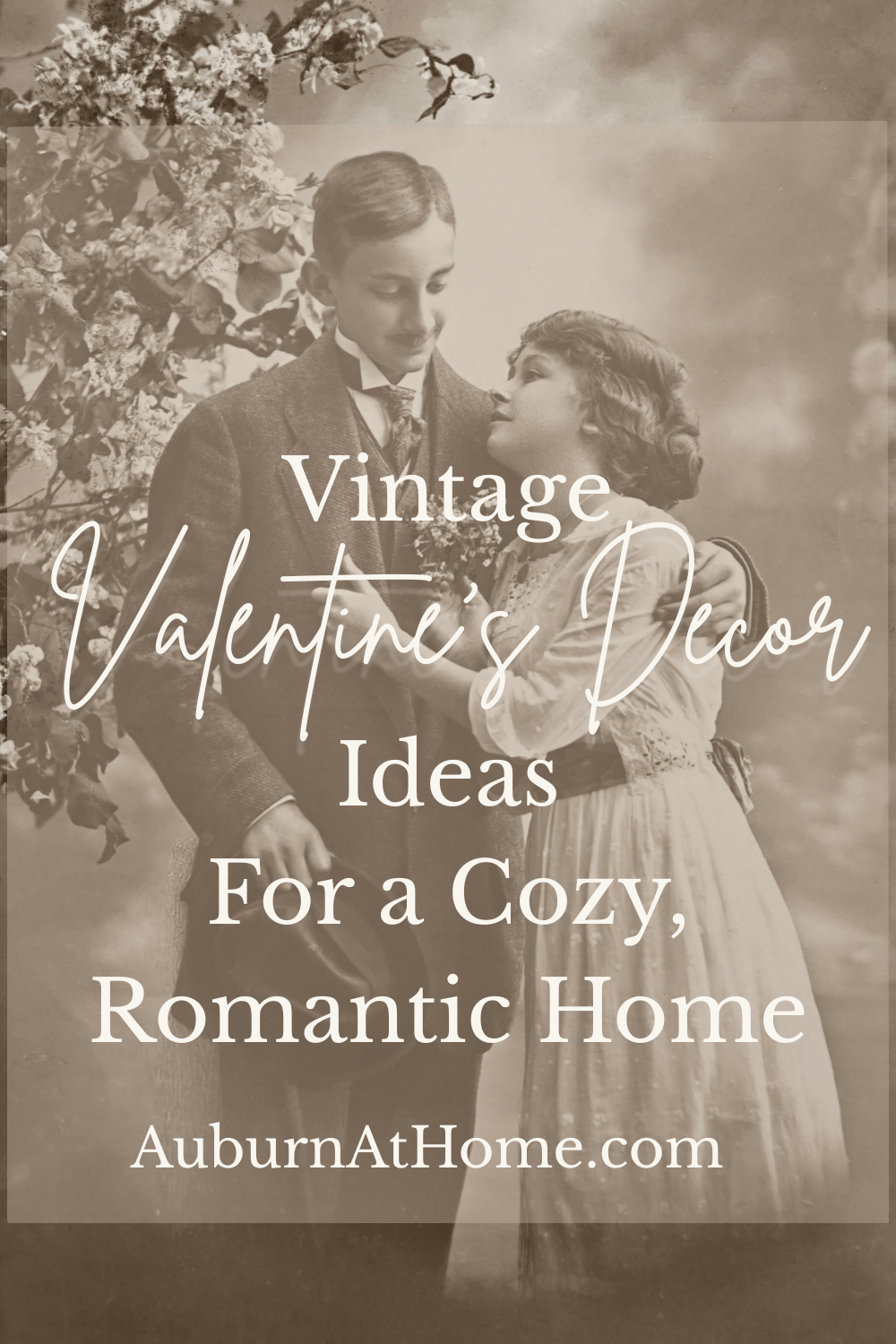 Antique black-and-white photograph of a romantic couple embracing, evoking vintage Valentine’s Day charm