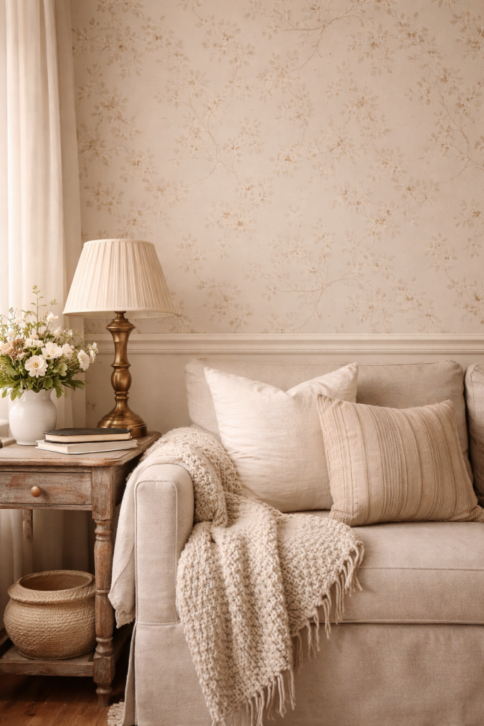 Soft neutral living room with warm beige wallpaper and cottage decor