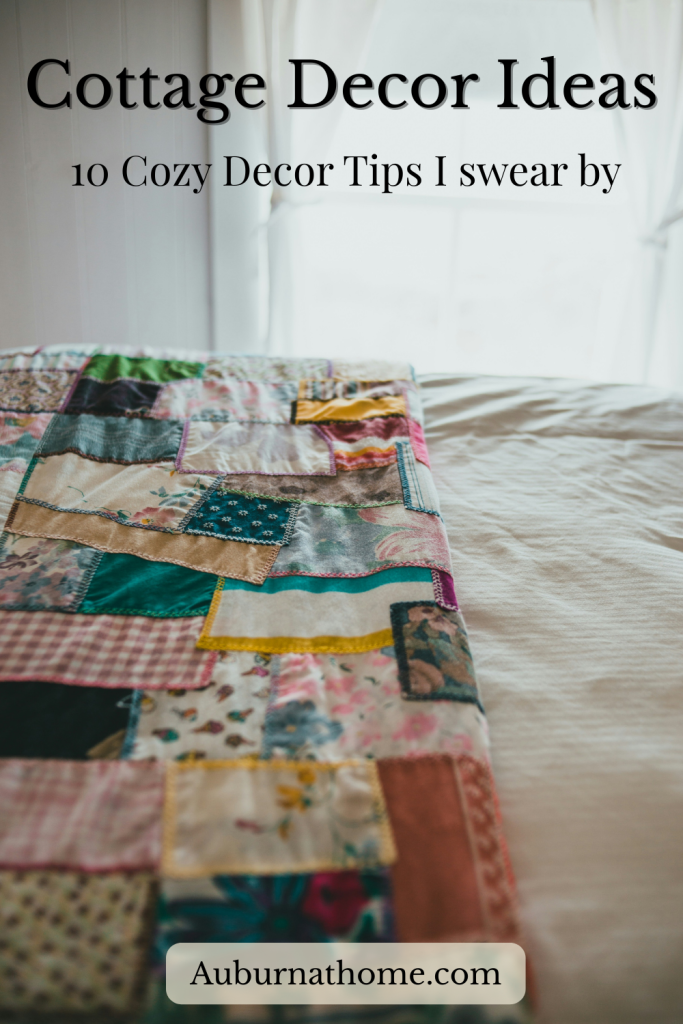 Layered vintage textiles used in cozy cottage-style decorating