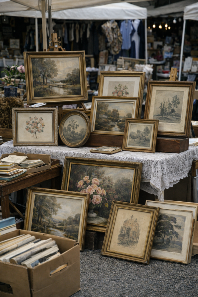 Vintage wall decor featuring thrifted framed artwork and crewel embroidery displayed at a flea market booth