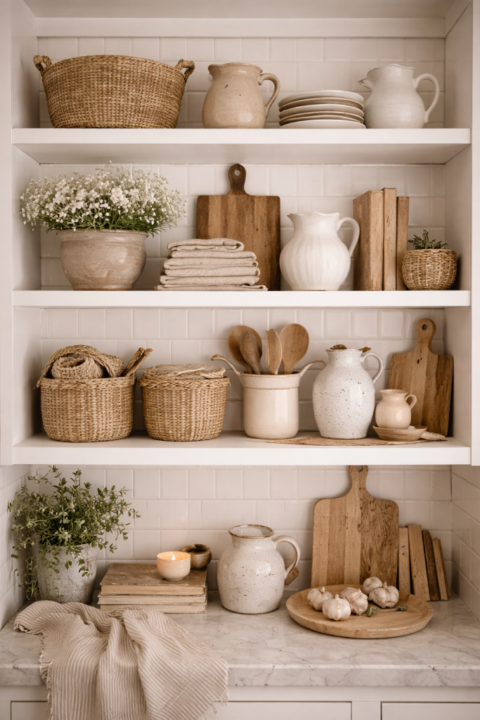 Open white kitchen shelving styled with thrifted ceramics, vintage decor, and soft neutral accents in a cottage-style home